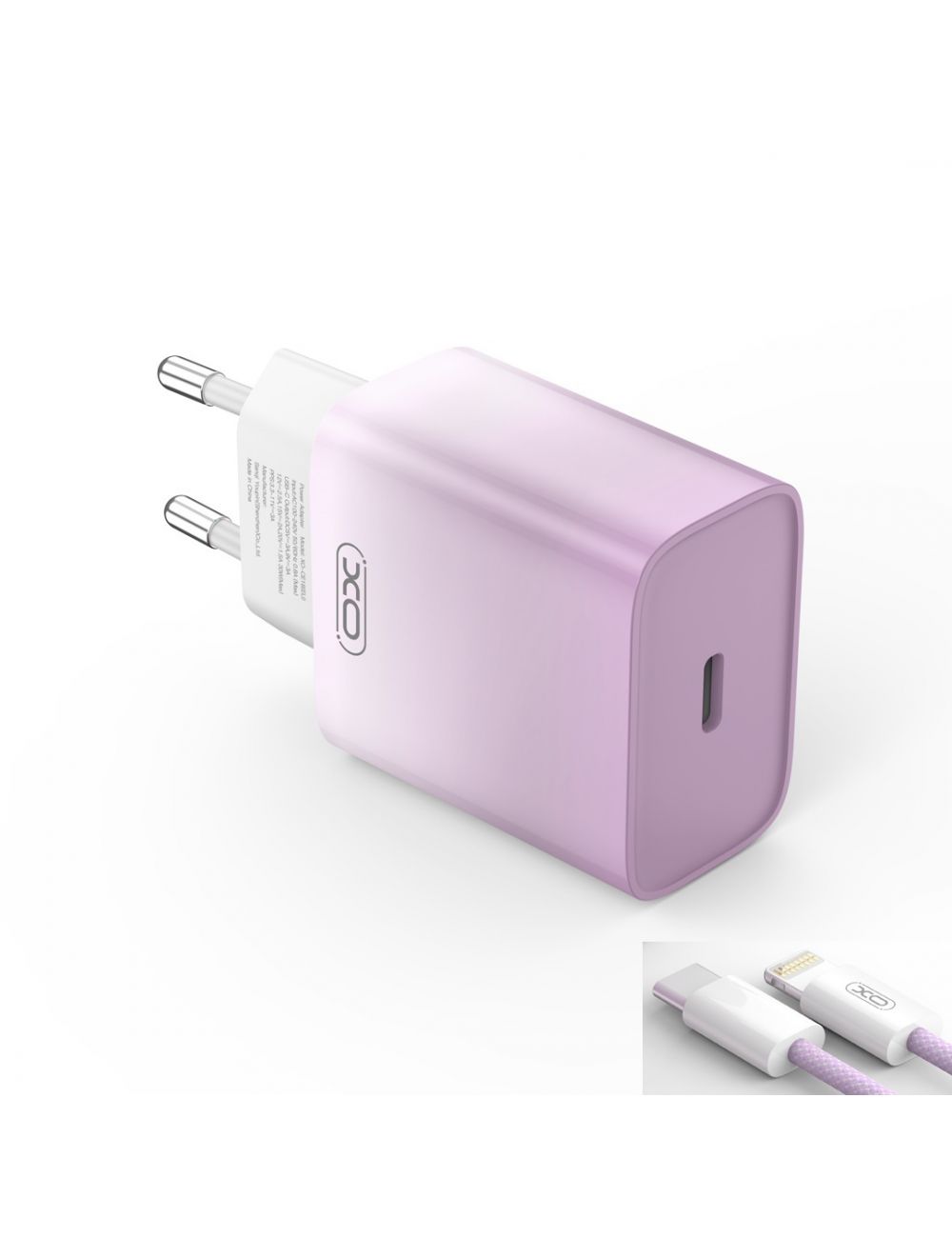 XO ładowarka sieciowa CE18 PD 30W USB-C FIOLETOWO-BIAŁA + KABEL LIGHTNING