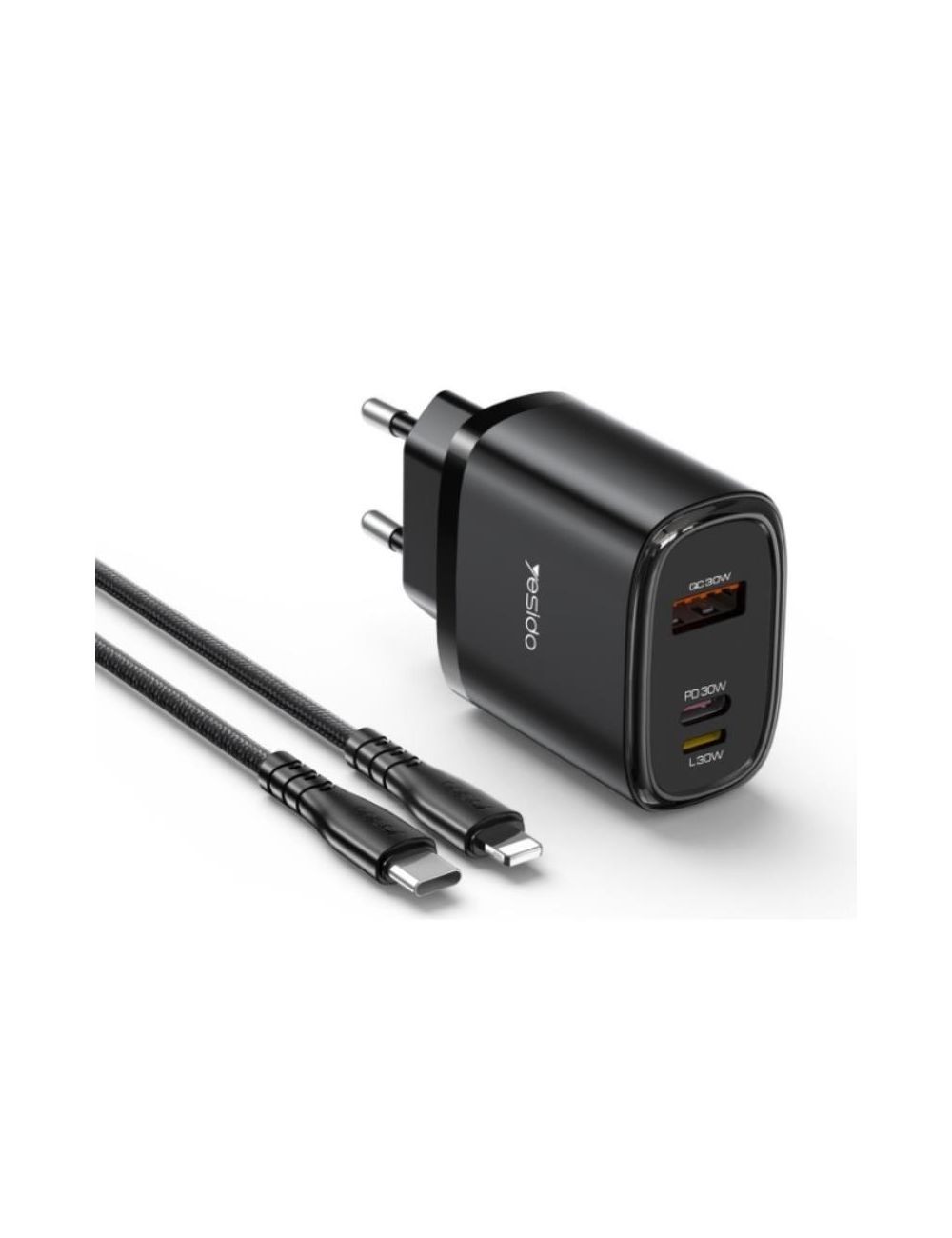 Yesido ładowarka sieciowa YC52 PD 30W QC USB-A+C +iP + Kabel 27W Type-C - Lightning 1m, BLACK / CZARNY