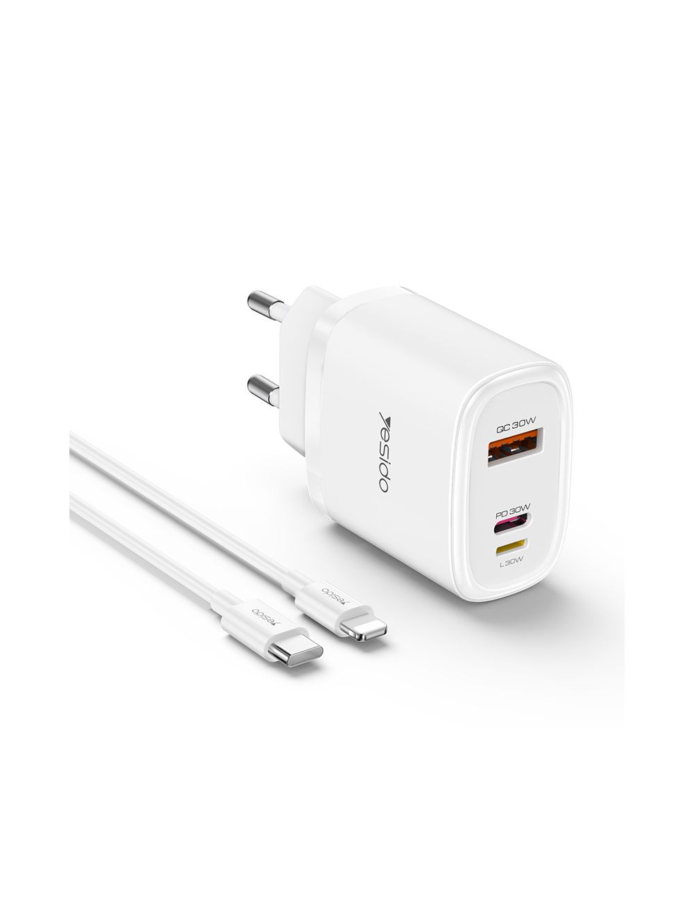 Yesido ładowarka sieciowa YC52 PD 30W QC USB-A+C +iP + Kabel 27W Type-C - Lightning 1m, WHITE / BIAŁY