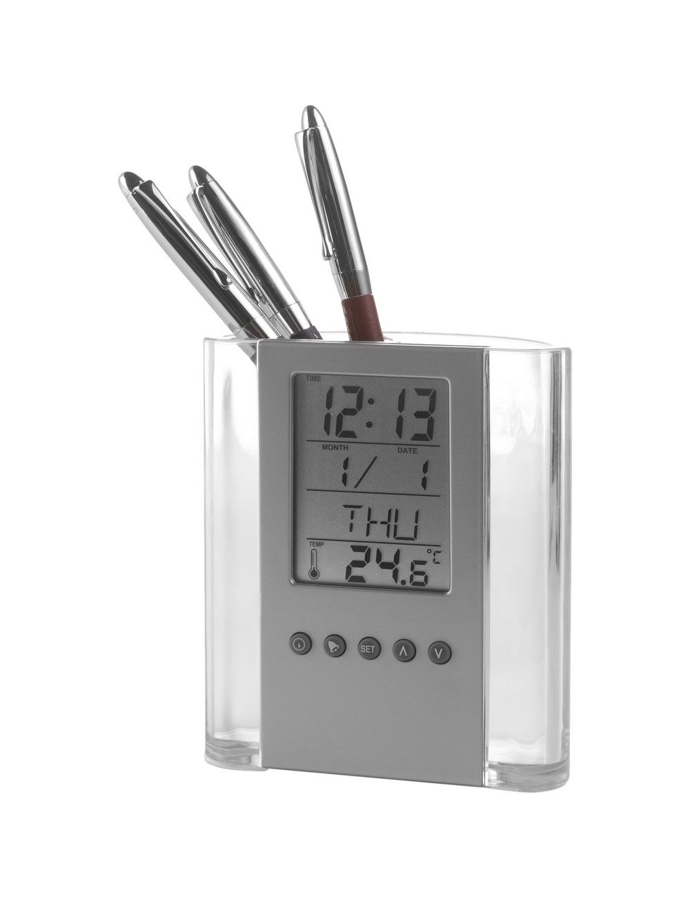 Pojemnik na przybory do pisania, zegar...