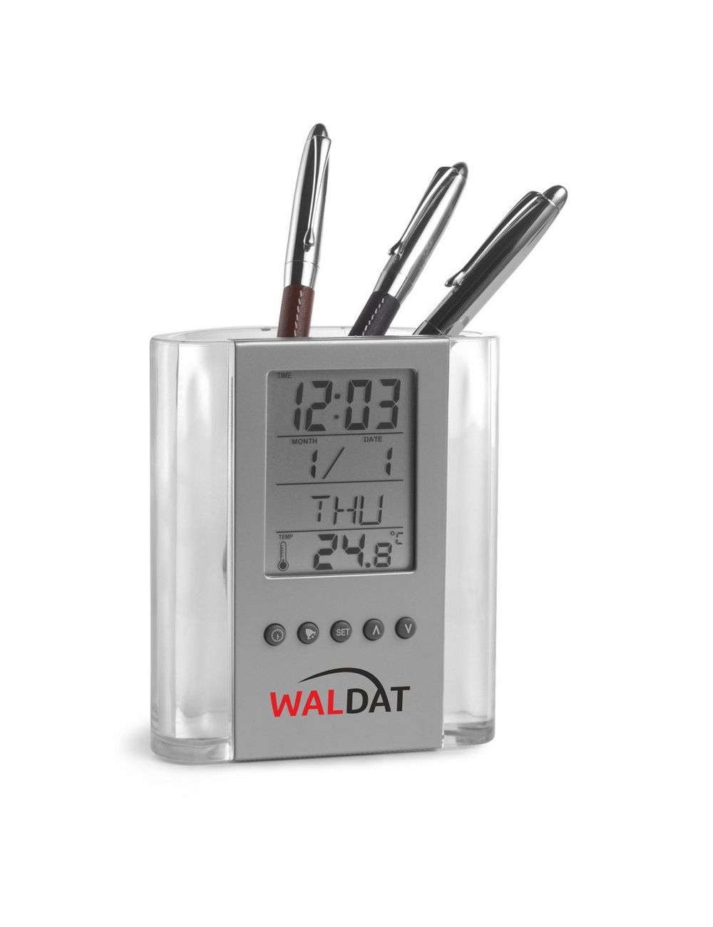 Pojemnik na przybory do pisania, zegar...