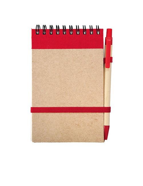 Notes Kraft 90x140/70k gładki z długopisem, czerwony/beżowy