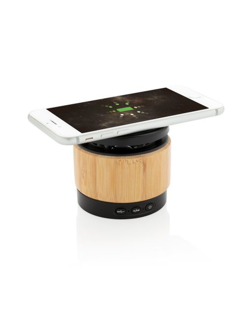 Bambusowy głośnik bezprzewodowy 3W, ładowarka bezprzewodowa
