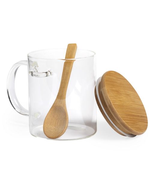 Szklany kubek 420 ml z łyżeczką i wieczkiem