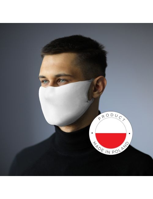 Zestaw w pudełku, pojemnik na płyn do dezynfekcji, maseczka wielokrotnego użytku z miejscem na filtr i jonami srebra