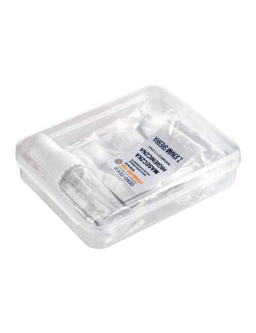 Zestaw w pudełku, pojemnik na płyn do dezynfekcji, maseczka wielokrotnego użytku z miejscem na filtr i jonami srebra