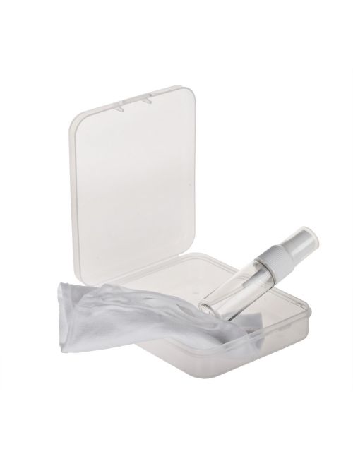 Zestaw w pudełku, pojemnik na płyn do dezynfekcji, maseczka wielokrotnego użytku z miejscem na filtr i jonami srebra