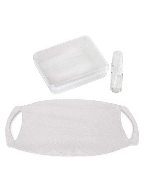 Zestaw w pudełku, pojemnik na płyn do dezynfekcji, maseczka wielokrotnego użytku z miejscem na filtr i jonami srebra