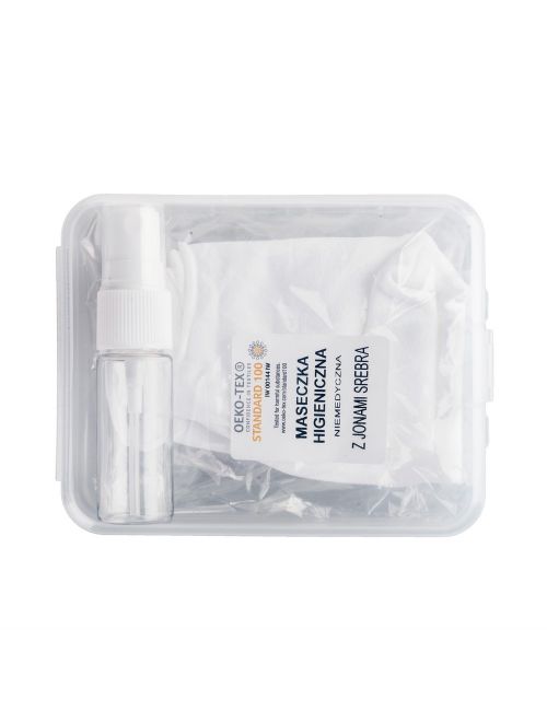 Zestaw w pudełku, pojemnik na płyn do dezynfekcji, maseczka wielokrotnego użytku z miejscem na filtr i jonami srebra