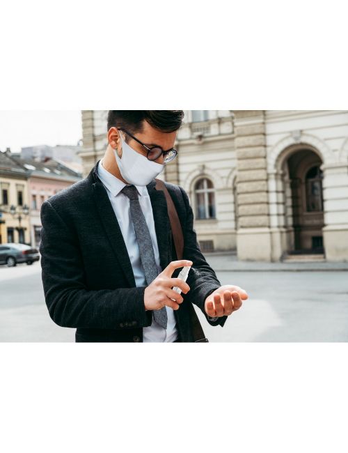 Zestaw w pudełku, pojemnik na płyn do dezynfekcji, maseczka wielokrotnego użytku z miejscem na filtr i jonami srebra