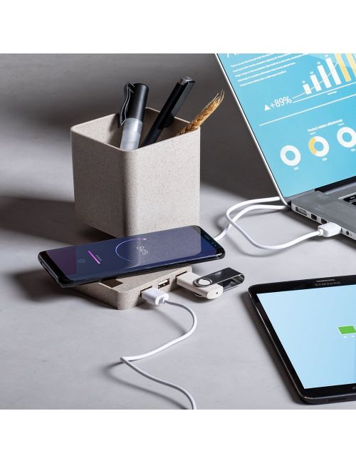 Ładowarka bezprzewodowa 5W ze słomy pszenicznej, hub USB 2.0, pojemnik na przybory do pisania, stojak na telefon