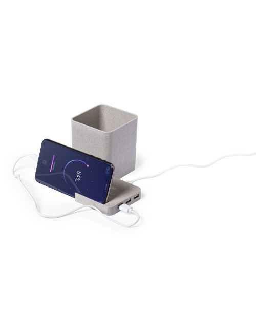 Ładowarka bezprzewodowa 5W ze słomy pszenicznej, hub USB 2.0, pojemnik na przybory do pisania, stojak na telefon