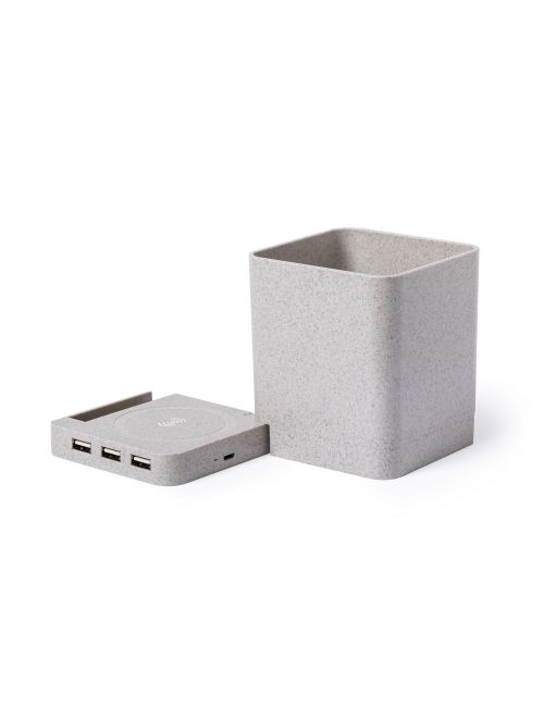 Ładowarka bezprzewodowa 5W ze słomy pszenicznej, hub USB 2.0, pojemnik na przybory do pisania, stojak na telefon