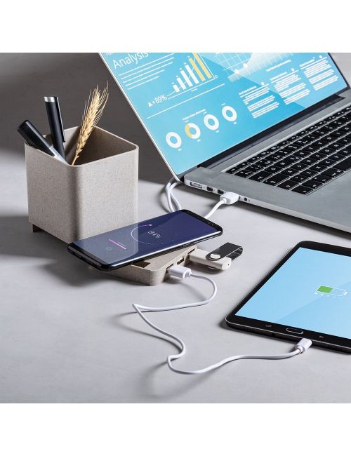 Ładowarka bezprzewodowa 5W ze słomy pszenicznej, hub USB 2.0, pojemnik na przybory do pisania, stojak na telefon