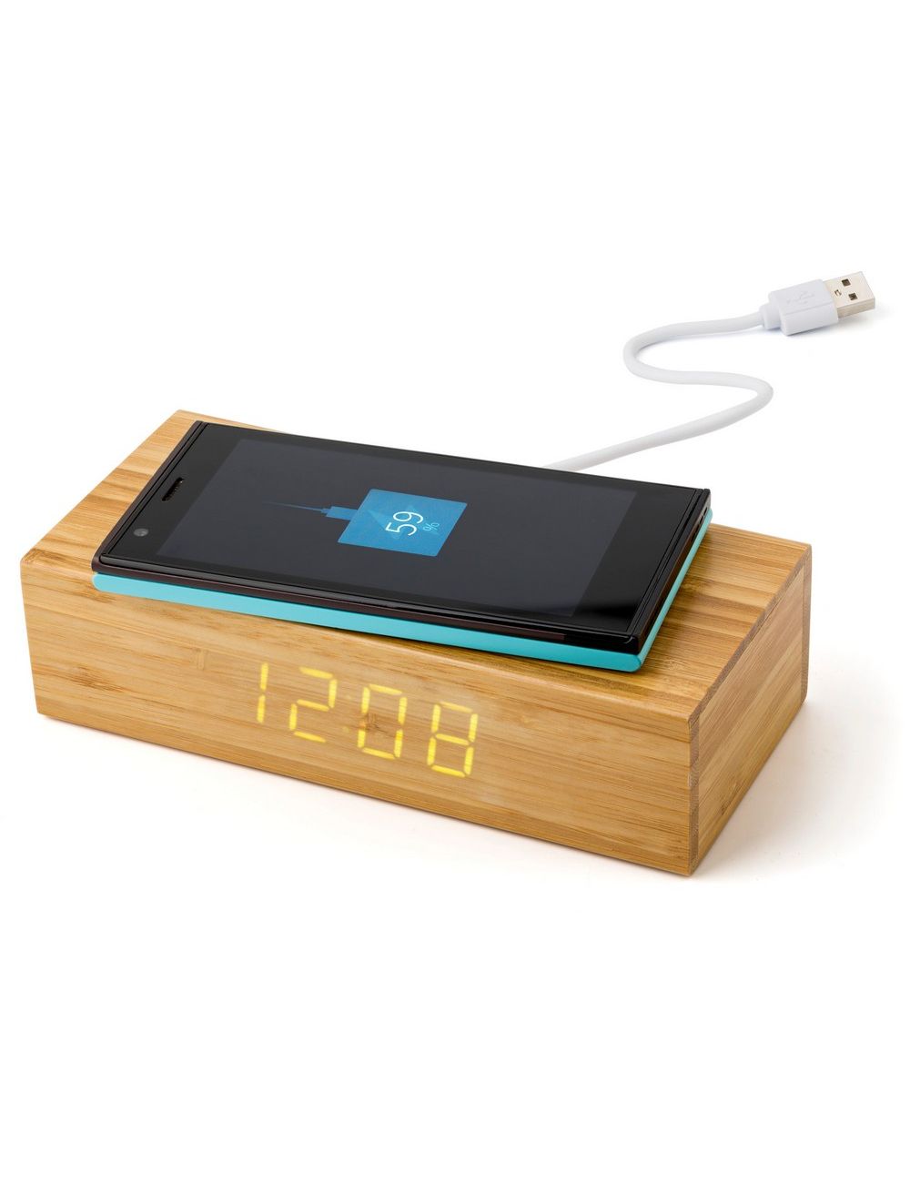 Bambusowa ładowarka bezprzewodowa 5W, zegar