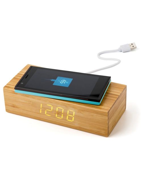 Bambusowa ładowarka bezprzewodowa 5W, zegar