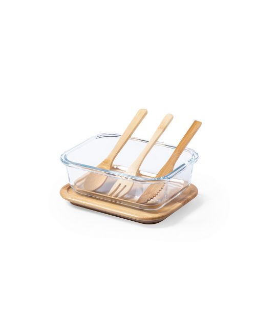 Szklane pudełko śniadaniowe 700 ml, bambusowe wieczko i sztućce