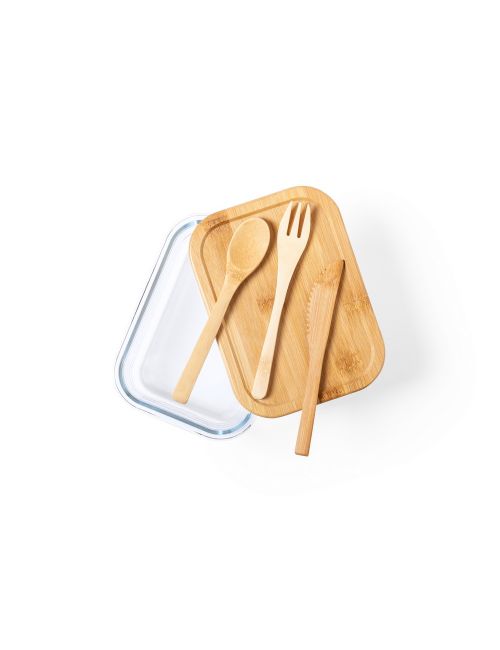 Szklane pudełko śniadaniowe 700 ml, bambusowe wieczko i sztućce