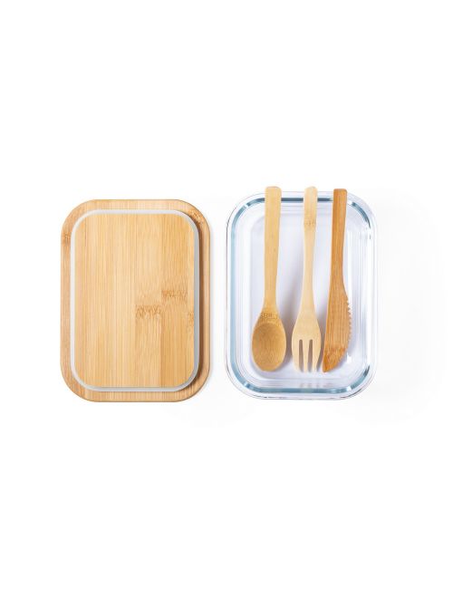 Szklane pudełko śniadaniowe 700 ml, bambusowe wieczko i sztućce