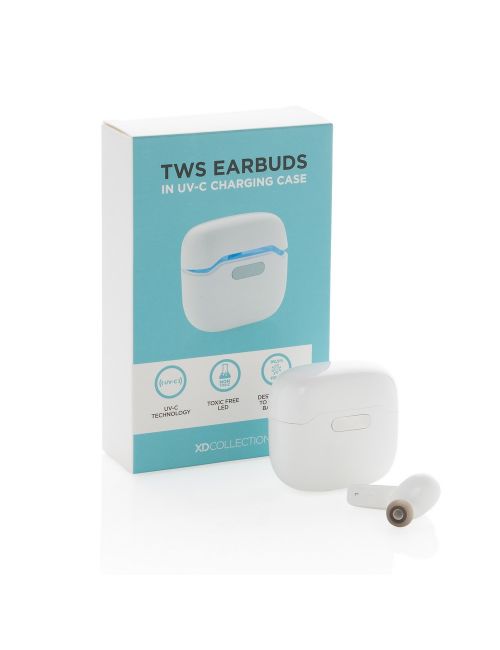 Bezprzewodowe słuchawki douszne w stacji ładującej ze sterylizacją UV-C