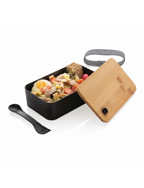 Pudełko śniadaniowe z bambusowym wieczkiem, łyżkowidelec