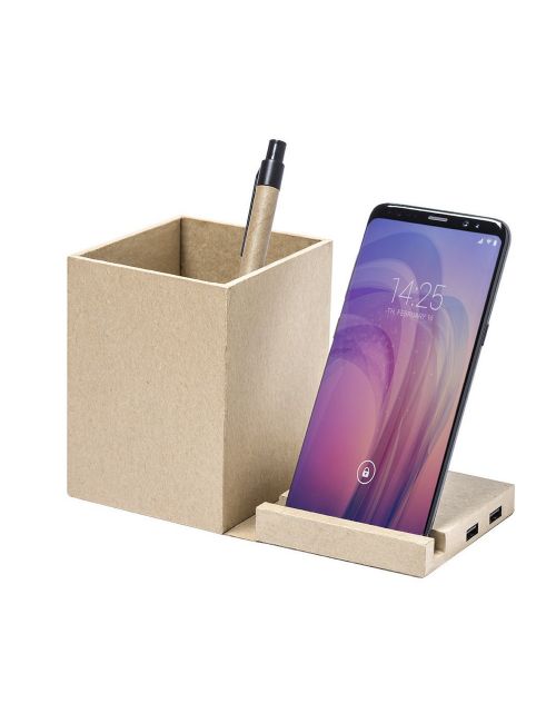 Składana ładowarka bezprzewodowa 5W z kartonu z recyklingu, hub USB 2.0, pojemnik na przybory do pisania, stojak na telefon