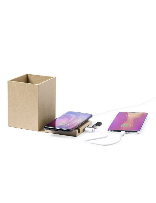 Składana ładowarka bezprzewodowa 5W z kartonu z recyklingu, hub USB 2.0, pojemnik na przybory do pisania, stojak na telefon