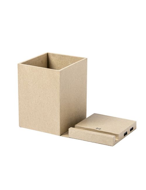 Składana ładowarka bezprzewodowa 5W z kartonu z recyklingu, hub USB 2.0, pojemnik na przybory do pisania, stojak na telefon