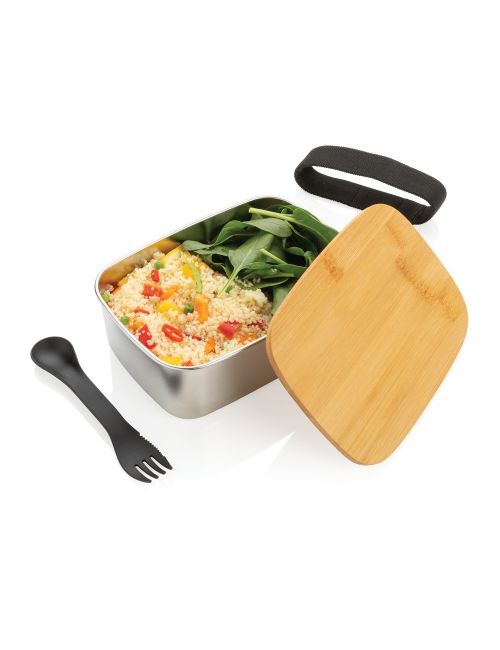 Pudełko śniadaniowe z bambusowym wieczkiem, łyżkowidelec