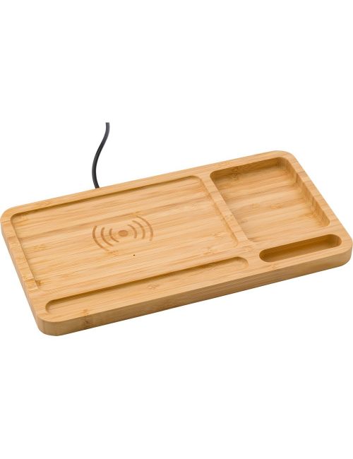 Bambusowy organizer na biurko, ładowarka bezprzewodowa 5W