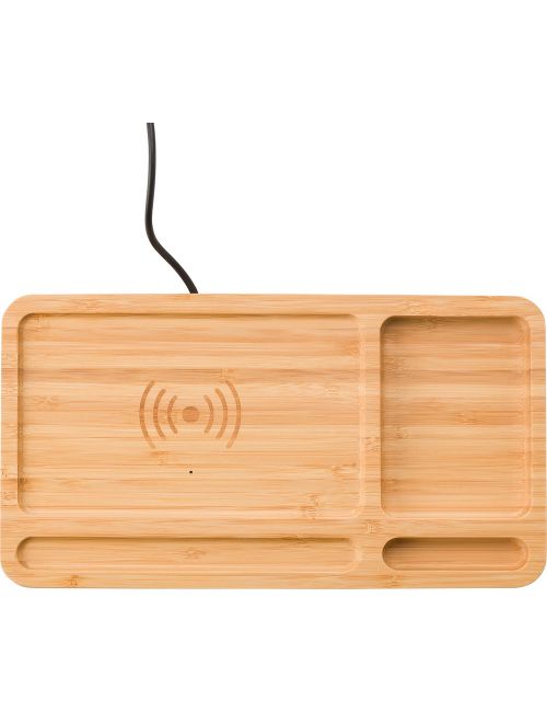 Bambusowy organizer na biurko, ładowarka bezprzewodowa 5W