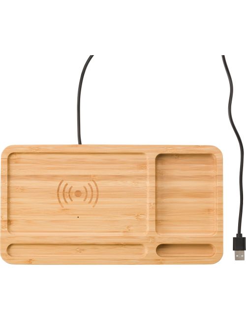 Bambusowy organizer na biurko, ładowarka bezprzewodowa 5W