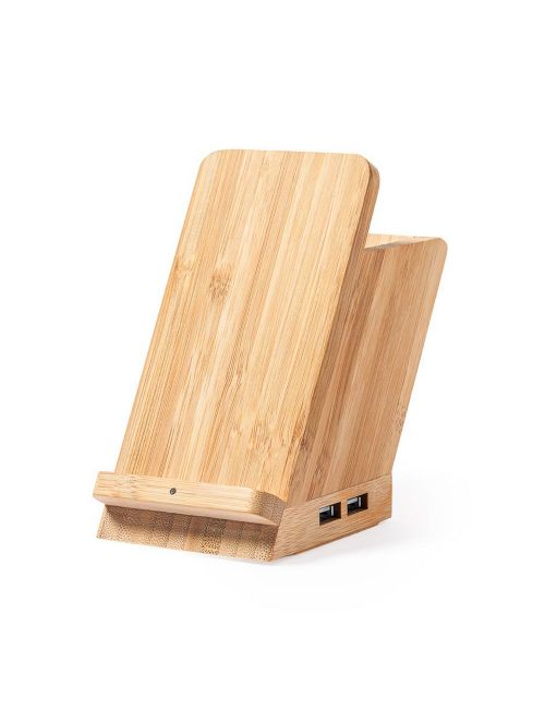 Bambusowa ładowarka bezprzewodowa 5W, 4 porty hub USB 2.0, pojemnik na przybory do pisania, stojak na telefon