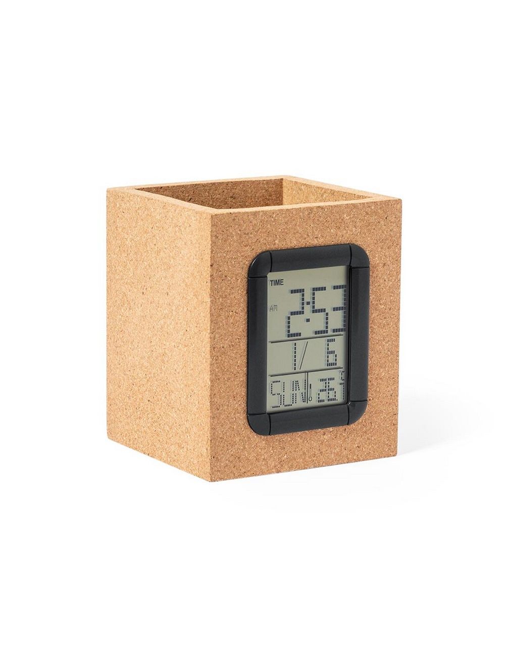 Korkowy pojemnik na przybory do pisania, zegar...