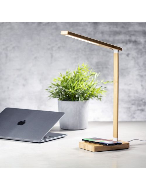Bambusowa lampka na biurko, ładowarka bezprzewodowa 10W