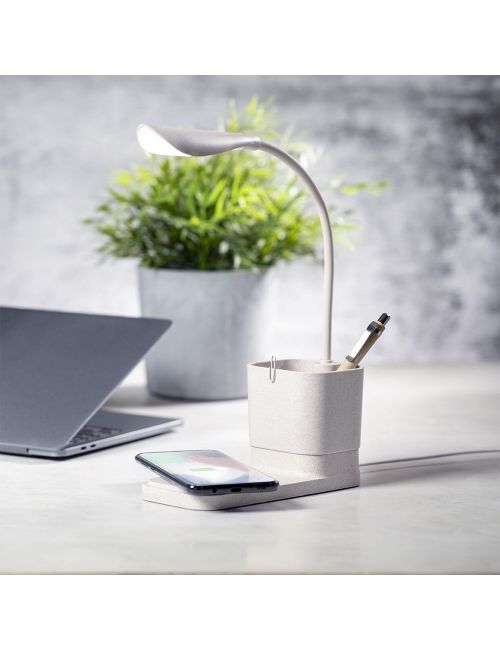 Lampka na biurko ze słomy pszenicznej, ładowarka bezprzewodowa 10W, stojak na telefon, pojemnik na przybory do pisania