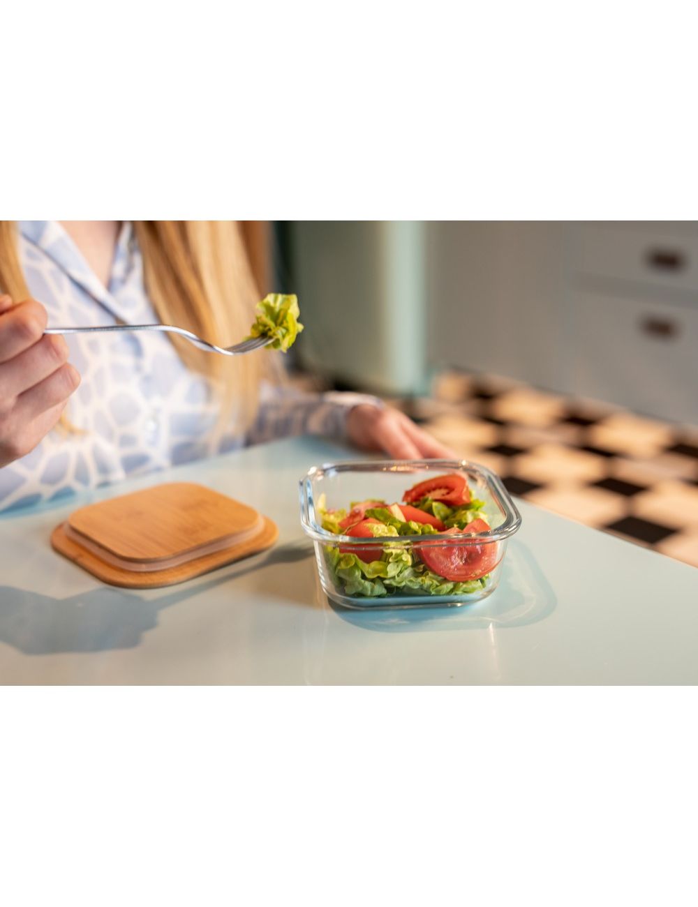 Szklane pudełko śniadaniowe 350 ml, bambusowe...