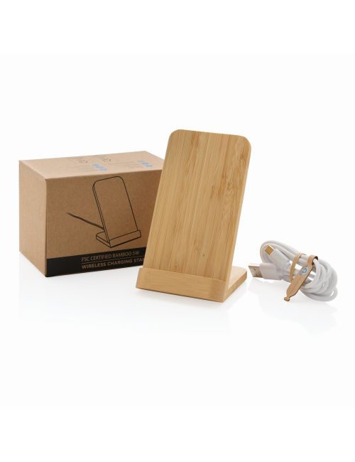 Bambusowa ładowarka bezprzewodowa 5W, stojak na telefon