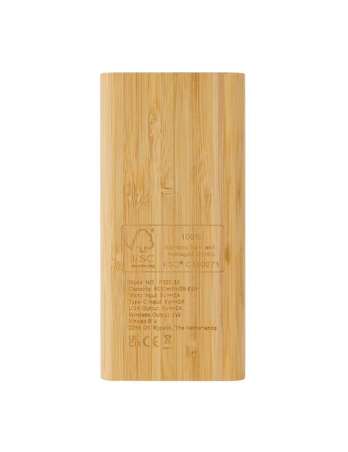 Bambusowy, bezprzewodowy power bank 8000 mAh, ładowarka bezprzewodowa 5W