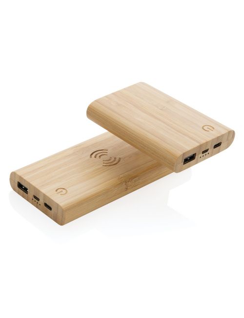 Bambusowy, bezprzewodowy power bank 8000 mAh, ładowarka bezprzewodowa 5W