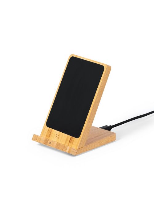 Bambusowa ładowarka bezprzewodowa 15W, stojak na telefon