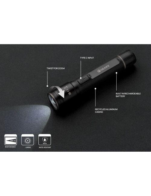 Kieszonkowa latarka Gear X, ładowana przez USB, aluminium z recyklingu