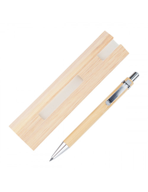 Bambusowy, wieczny długopis/ołówek w etui Lakimus, beżowy 