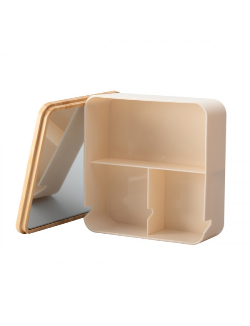 Pudełko z bambusową pokrywką i dużym lusterkiem Vanity, brązowy