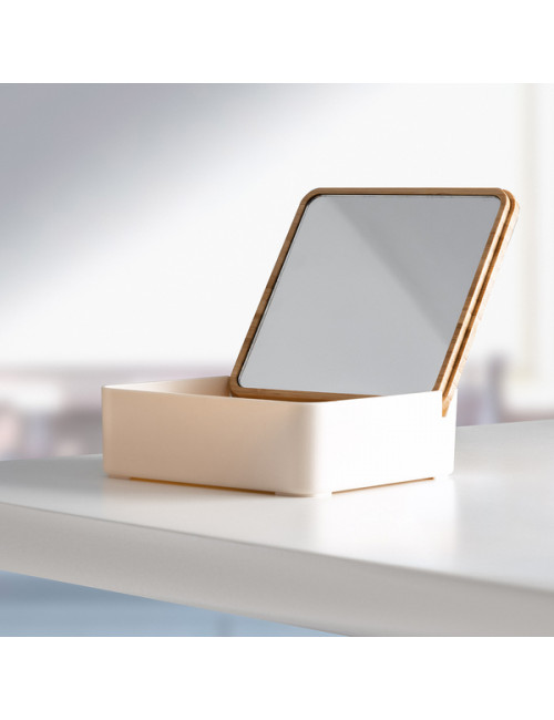 Pudełko z bambusową pokrywką i dużym lusterkiem Vanity, brązowy