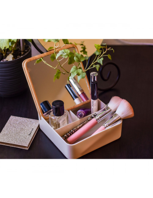 Pudełko z bambusową pokrywką i dużym lusterkiem Vanity, brązowy