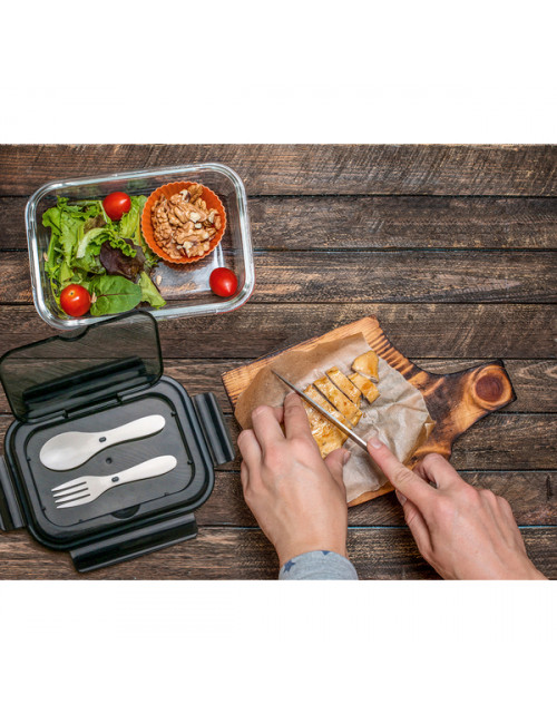 Szklany lunch box ze sztućcami 1000 ml Lagos, czarny