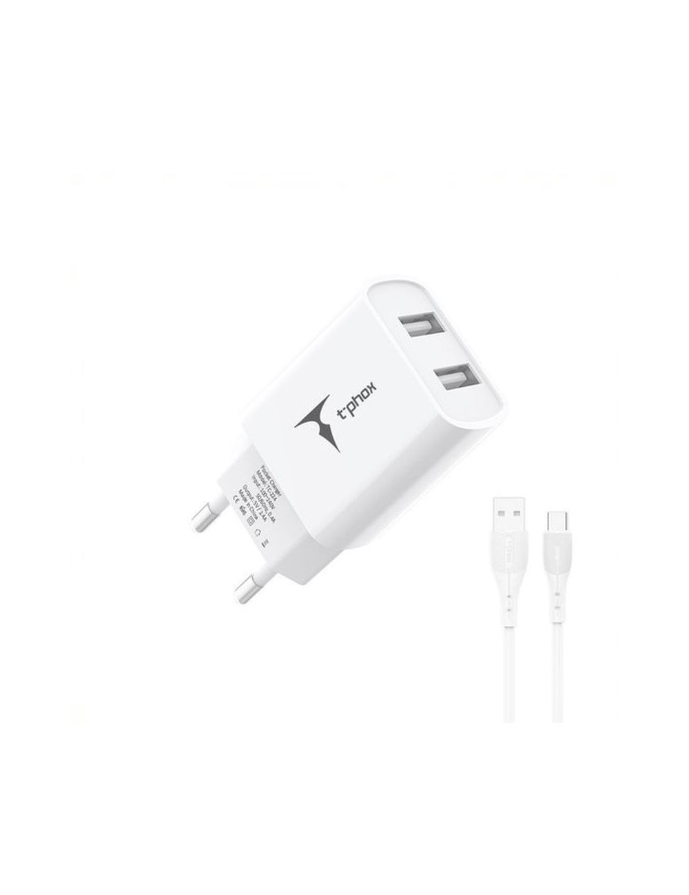 Ładowarka sieciowa T-PHOX POCKET SERIES 2xUSB TCC-224 2.4A 12W + KABEL USB-C 1M WHITE