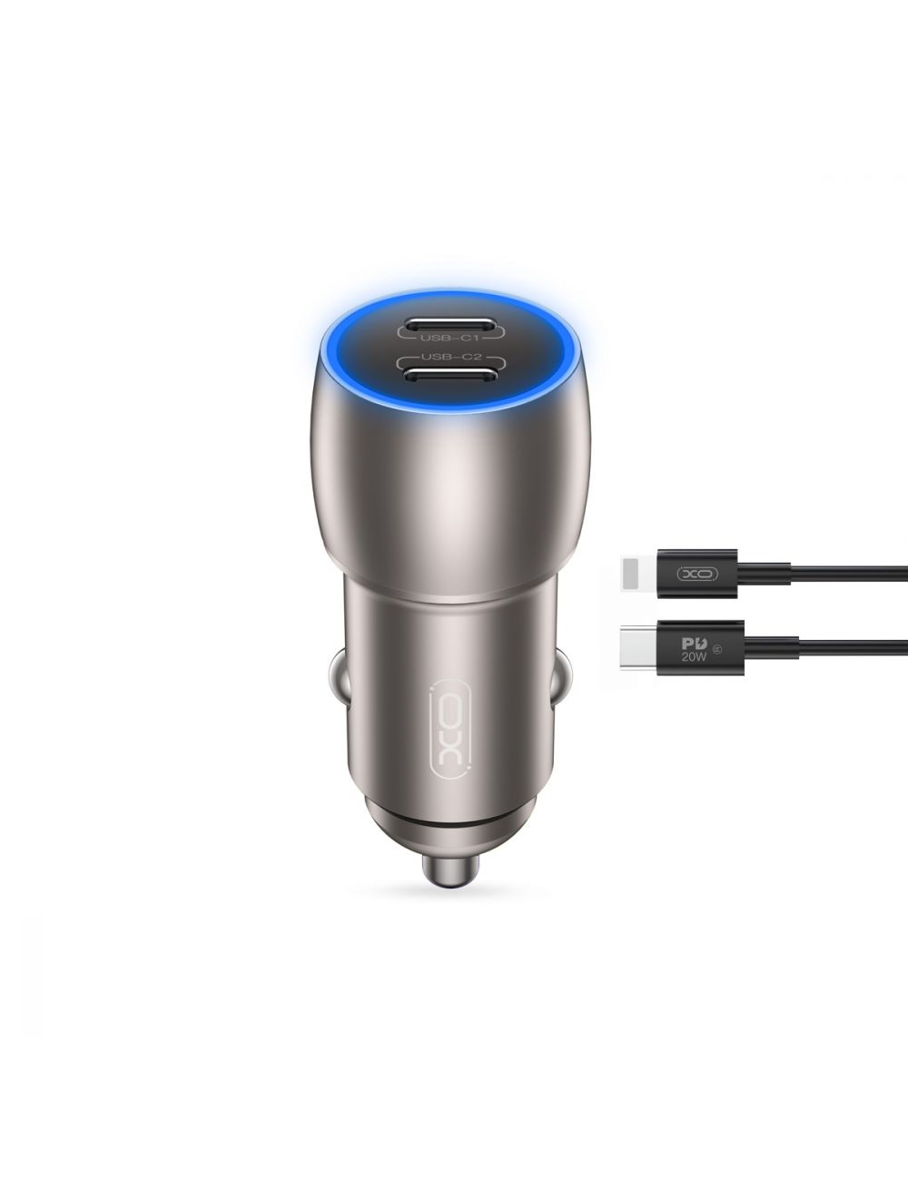 XO ładowarka samochodowa CC51 QC 40W 2xUSB-C SZARA + Kabel Lightning