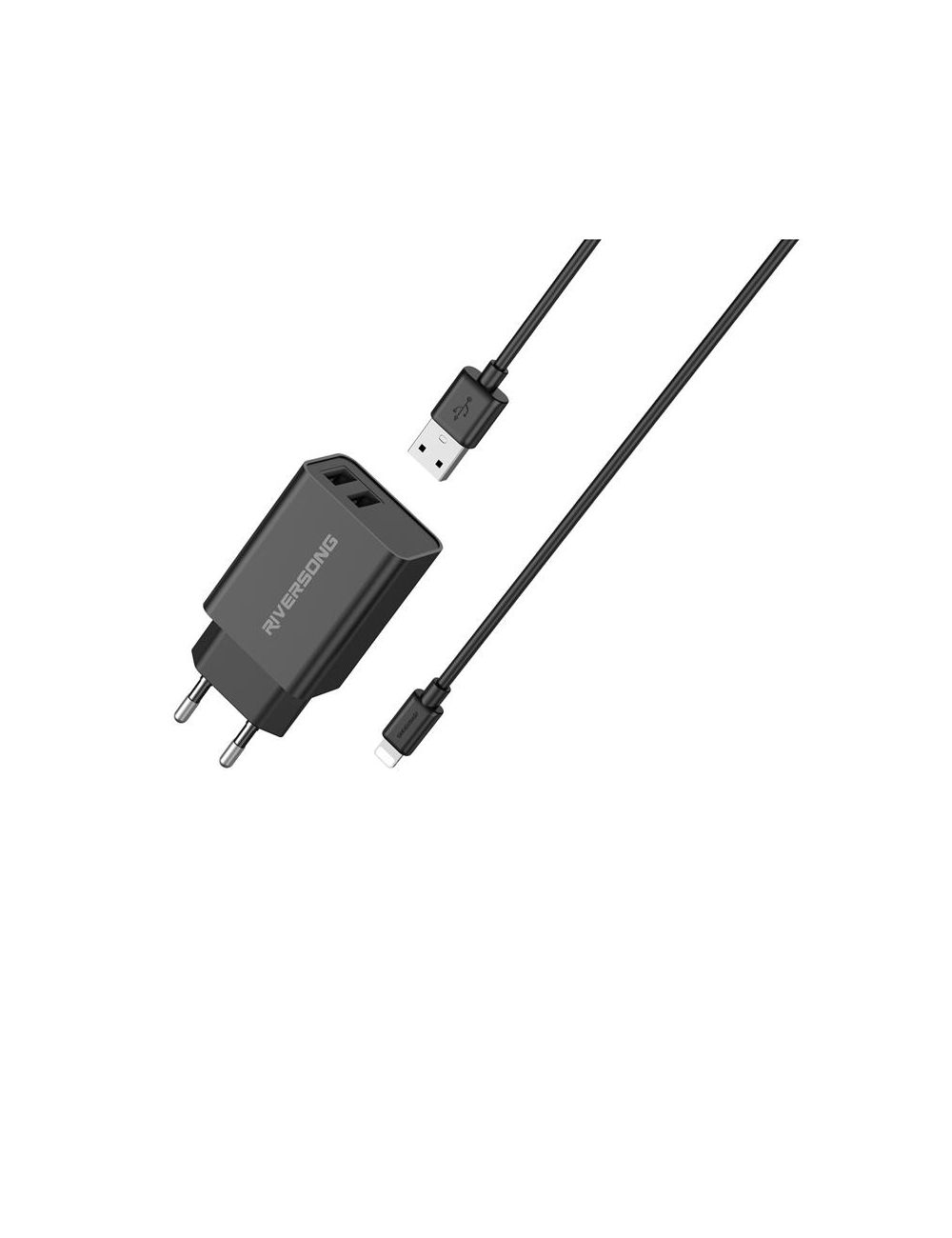 Riversong ładowarka sieciowa SafeKub D2 2xUSB 12W czarny AD29 +kabel type-C CT85